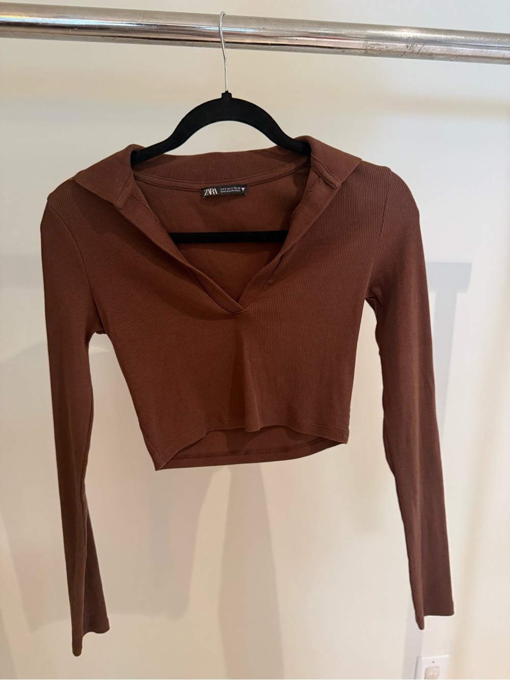 Zara Chocolate Brown Ribbed Cropped Long-Sleeve Polo Top